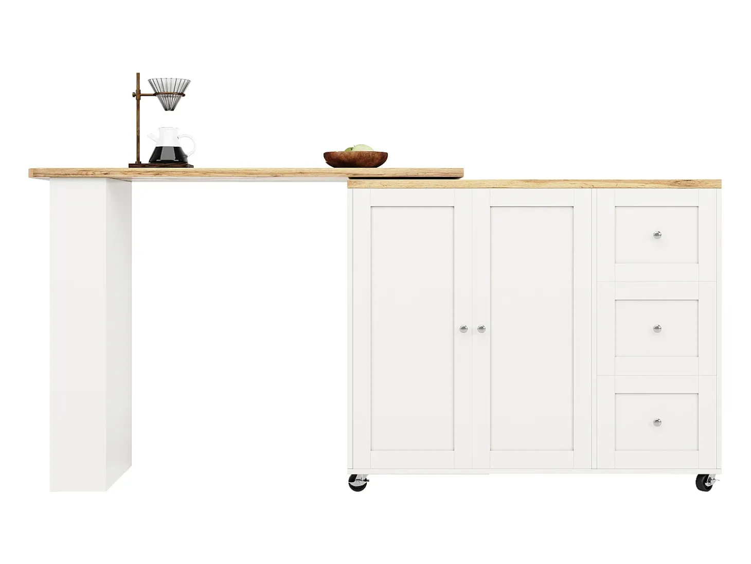 Móvel bar giratório com rodízios, 2 portas, 3 gavetas e prateleiras, tampo em folheado de madeira natural clara, corpo branco - 209x39x106cm