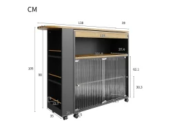 Móvel bar giratório sobre rodas com 2 portas de correr em vidro, 1 nicho e prateleiras, LED incluído, MDF, preto - 138x39x105cm