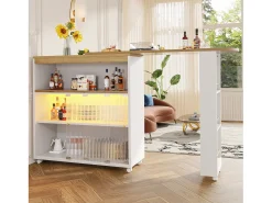 Móvel bar giratório sobre rodas com 2 portas de correr em vidro, 1 nicho e prateleiras, LED incluído, MDF, branco - 138x39x105cm