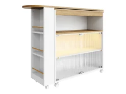 Móvel bar giratório sobre rodas com 2 portas de correr em vidro, 1 nicho e prateleiras, LED incluído, MDF, branco - 138x39x105cm