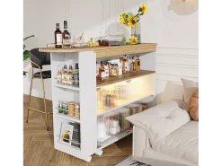 Móvel bar giratório sobre rodas com 2 portas de correr em vidro, 1 nicho e prateleiras, LED incluído, MDF, branco - 138x39x105cm