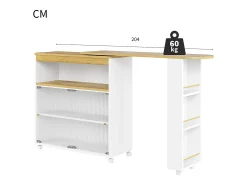 Móvel bar giratório sobre rodas com 2 portas de correr em vidro, 1 nicho e prateleiras, LED incluído, MDF, branco - 138x39x105cm