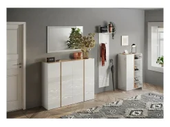 Móvel de armazenamento com 4 portas e 10 prateleiras ajustáveis, coleção KEY, nas cores branco brilhante laqueado e carvalho cadiz.