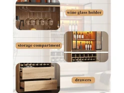 Móvel de bar - 80 x 40 x 180 cm - com 2 portas de vidro + LEDs + 2 gavetas - MDF - natural