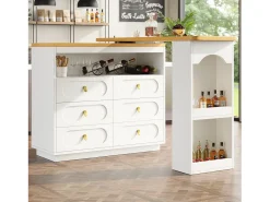 Móvel de bar de cozinha extensível - e rotação 360° - 203x39x90 cm - 6 gavetas - com prateleiras laterais - Branco