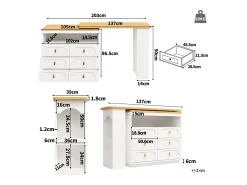 Móvel de bar de cozinha extensível - e rotação 360° - 203x39x90 cm - 6 gavetas - com prateleiras laterais - Branco