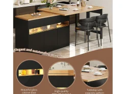 Móvel de bar de cozinha extensível - com iluminação LED - mesa grande - e rotação 360° - 180x79.5x71.5 cm - 3 portas - Preto