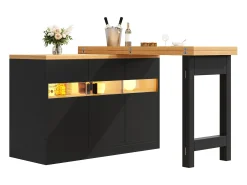 Móvel de bar de cozinha extensível - com iluminação LED - mesa grande - e rotação 360° - 180x79.5x71.5 cm - 3 portas - Preto