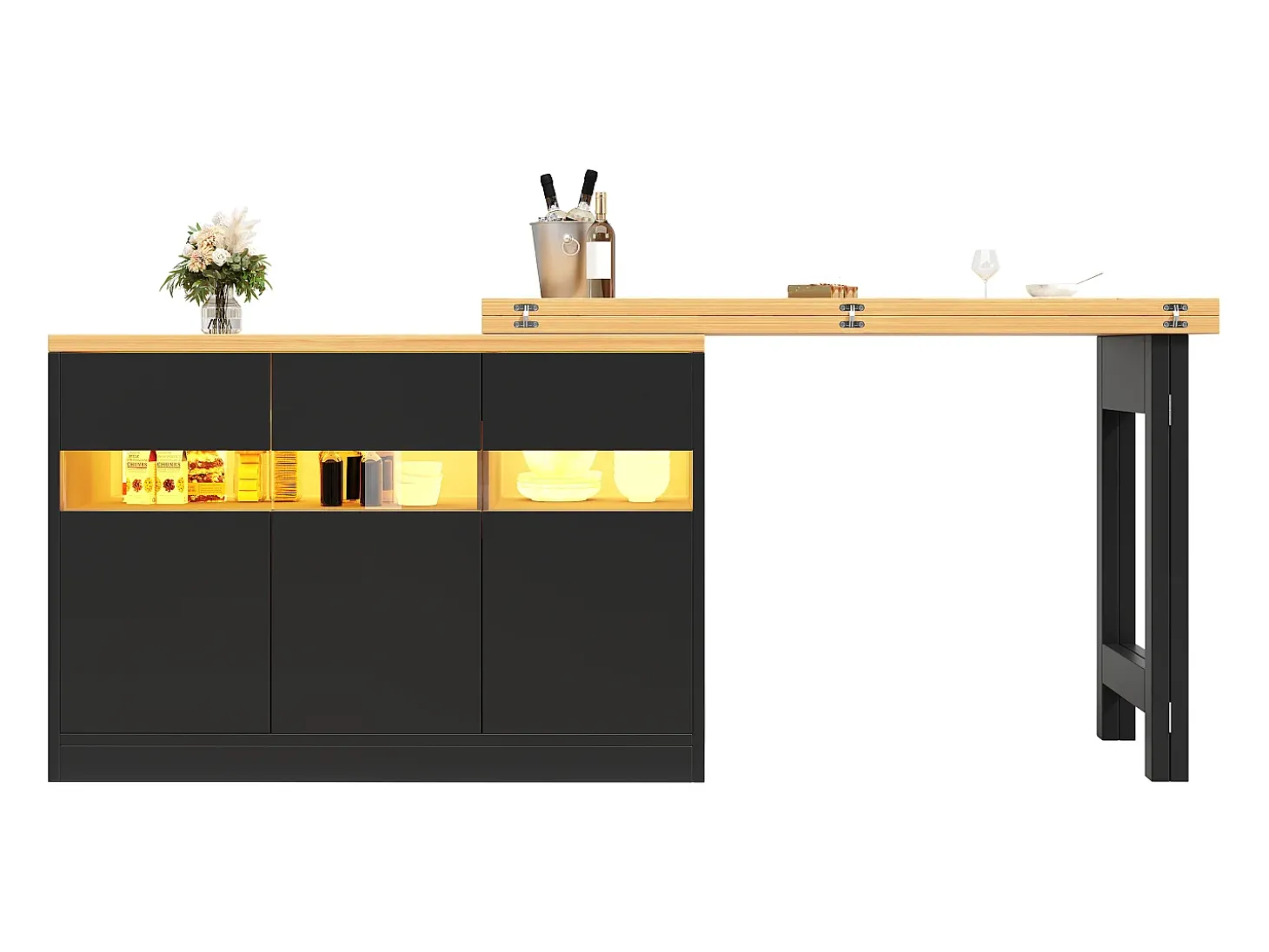 Móvel de bar de cozinha extensível - com iluminação LED - mesa grande - e rotação 360° - 180x79.5x71.5 cm - 3 portas - Preto