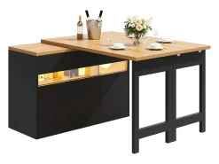 Móvel de bar de cozinha extensível - com iluminação LED - mesa grande - e rotação 360° - 180x79.5x71.5 cm - 3 portas - Preto