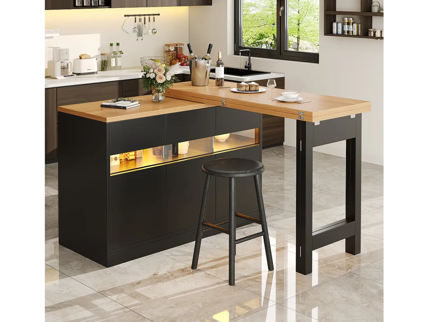 Móvel de bar de cozinha extensível - com iluminação LED - mesa grande - e rotação 360° - 180x79.5x71.5 cm - 3 portas - Preto
