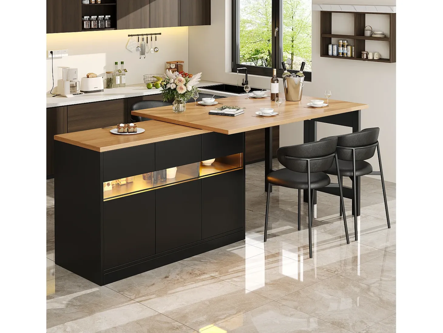 Móvel de bar de cozinha extensível - com iluminação LED - mesa grande - e rotação 360° - 180x79.5x71.5 cm - 3 portas - Preto