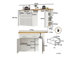 Móvel de bar de cozinha extensível - con rotação 360° - 215x39x103cm - 2 portas, 2 gavetas - con prateleiras laterais - Branco