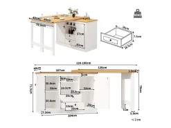 Móvel de bar de cozinha extensível - e rotação 360° - mesa grande - 180x79.5x71.5 cm - 2 gavetas e 2 portas - 3 adegas - Branco
