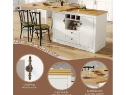 Móvel de bar de cozinha extensível - e rotação 360° - mesa grande - 180x79.5x71.5 cm - 2 gavetas e 2 portas - 3 adegas - Branco
