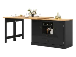 Móvel de bar de cozinha extensível - e rotação 360° - mesa grande - 180x79.5x71.5 cm - 2 gavetas e 2 portas - 3 adegas - Preto