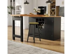 Móvel de bar de cozinha extensível - e rotação 360° - mesa grande - 180x79.5x71.5 cm - 2 gavetas e 2 portas - 3 adegas - Preto