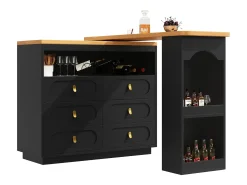Móvel de bar de cozinha extensível - e rotação 360° - 203x39x90 cm - 6 gavetas - com prateleiras laterais - Preto