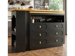 Móvel de bar de cozinha extensível - e rotação 360° - 203x39x90 cm - 6 gavetas - com prateleiras laterais - Preto