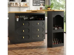 Móvel de bar de cozinha extensível - e rotação 360° - 203x39x90 cm - 6 gavetas - com prateleiras laterais - Preto