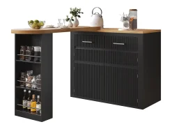 Móvel de bar de cozinha extensível - con rotação 360° - 215x39x103cm - 2 portas, 2 gavetas - con prateleiras laterais - Preto