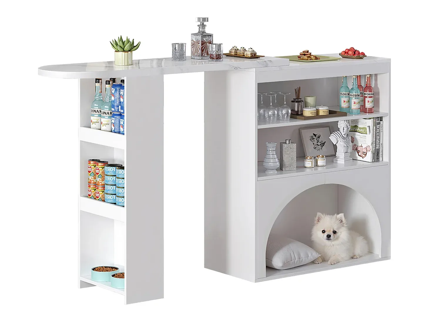 Móvel de bar extensível 120 (+80)×40×100 cm - com espaço de descanso para animais - prateleiras abertas - branco