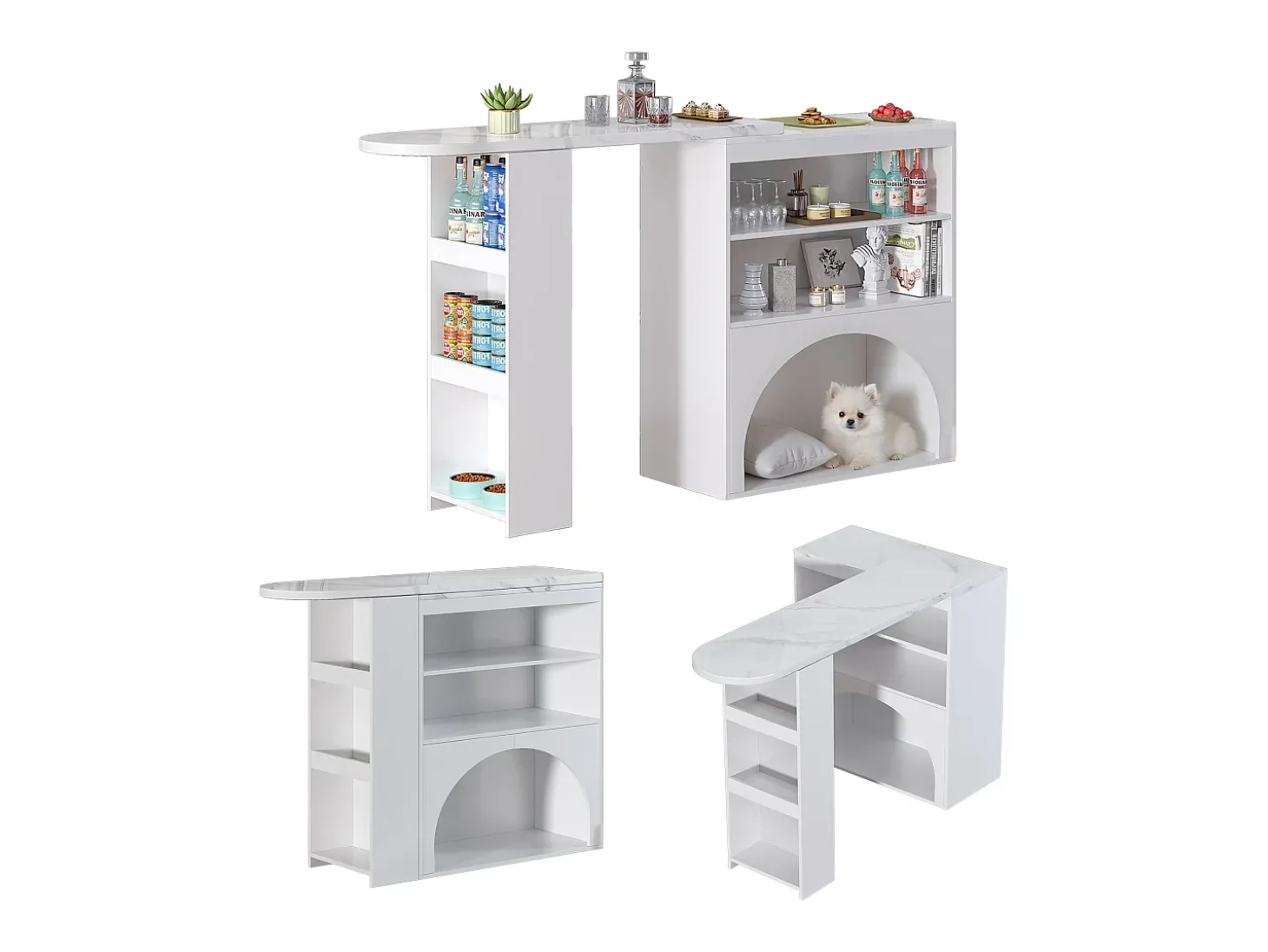 Móvel de bar extensível 120 (+80)×40×100 cm - com espaço de descanso para animais - prateleiras abertas - branco