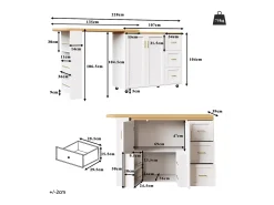 Móvel de bar extensível - pivotante - 228x39x104cm - con 2 portas e 3 gavetas - con prateleiras laterais - Branco