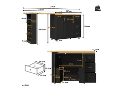 Móvel de bar extensível - pivotante - 228x39x104cm - con 2 portas e 3 gavetas - con prateleiras laterais - Preto
