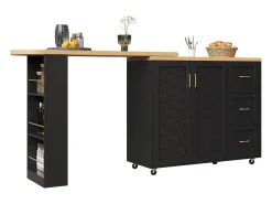 Móvel de bar extensível - pivotante - 228x39x104cm - con 2 portas e 3 gavetas - con prateleiras laterais - Preto