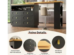 Móvel de bar extensível com rotação de 360° - Comprimento ajustável - com 6 gavetas - MDF - preto