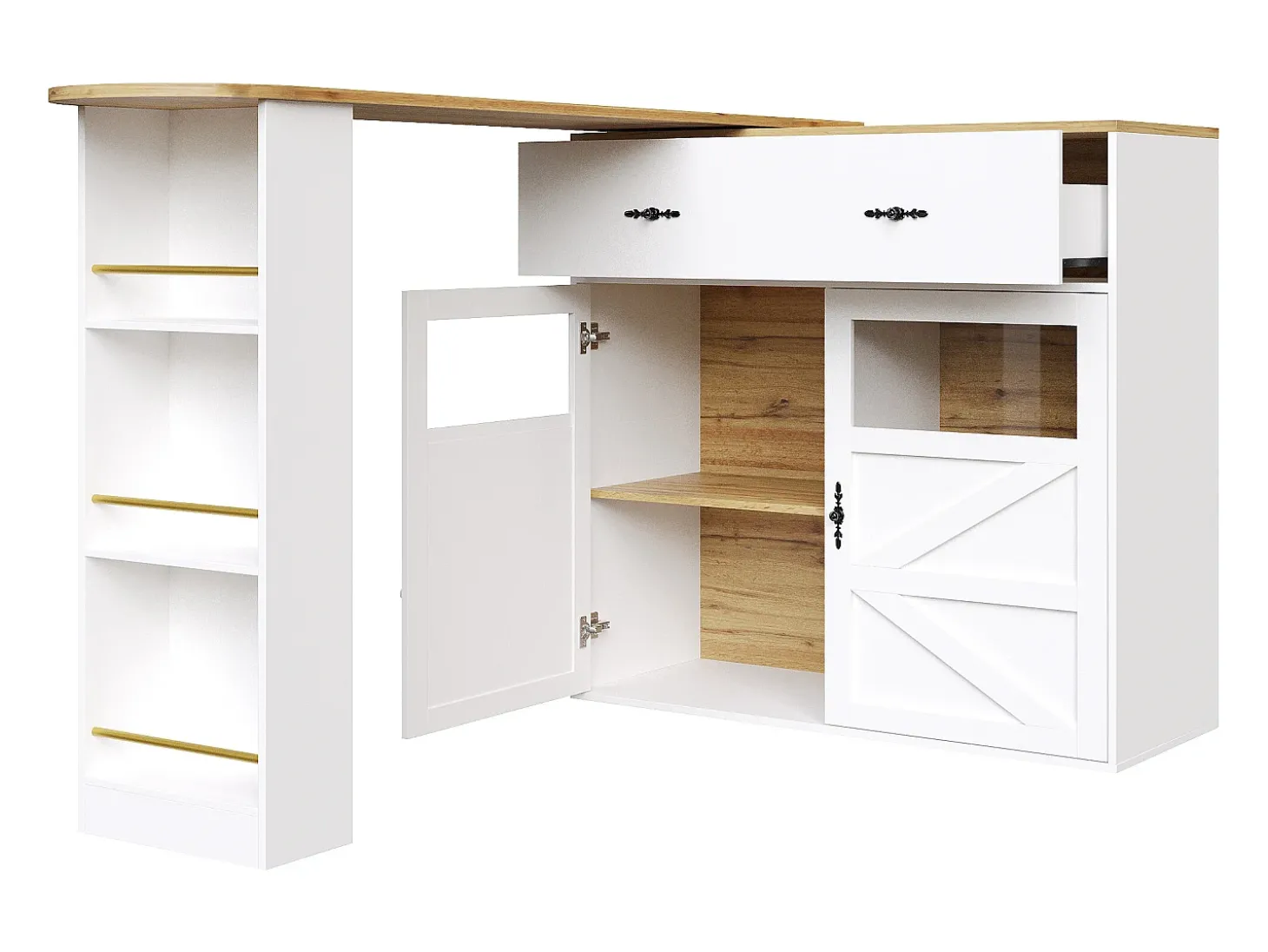 Móvel de bar giratório 360° e retrátil - com 1 gaveta e 2 portas - prateleiras abertas - branco + natural
