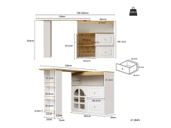 Móvel de bar giratório 360° e retrátil - com 2 gavetas e 1 porta - prateleiras abertas - branco + natural