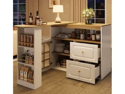 Móvel de bar giratório 360° e retrátil - com 2 gavetas e 1 porta - prateleiras abertas - branco + natural