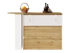 Móvel de bar giratório 360° e retrátil - com 2 gavetas e 1 porta - prateleiras abertas - branco + natural