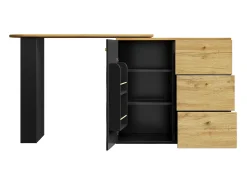 Móvel de bar giratório 360° e retrátil - com 3 gavetas e 1 porta - prateleiras abertas - preto + natural