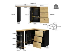 Móvel de bar giratório 360° e retrátil - com 3 gavetas e 1 porta - prateleiras abertas - preto + natural