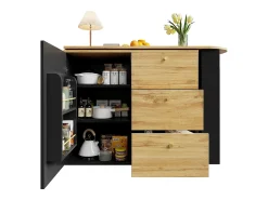 Móvel de bar giratório 360° e retrátil - com 3 gavetas e 1 porta - prateleiras abertas - preto + natural