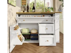 Móvel de bar giratório moderno 360° - 204×39×105 cm - 2 gavetas e 2 portas - com prateleiras laterais - mesa extensível - branco