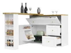 Móvel de bar giratório moderno 360° - 204×39×105 cm - 2 gavetas e 2 portas - com prateleiras laterais - mesa extensível - branco