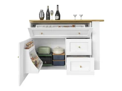 Móvel de bar giratório moderno 360° - 204×39×105 cm - 2 gavetas e 2 portas - com prateleiras laterais - mesa extensível - branco
