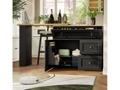 Móvel de bar giratório moderno 360° - 204×39×105 cm - 2 gavetas e 2 portas - com prateleiras laterais - mesa extensível - preto