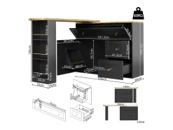 Móvel de bar giratório moderno 360° - 204×39×105 cm - 2 gavetas e 2 portas - com prateleiras laterais - mesa extensível - preto