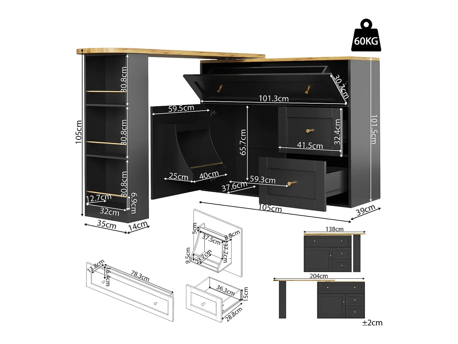 Móvel de bar giratório moderno 360° - 204×39×105 cm - 2 gavetas e 2 portas - com prateleiras laterais - mesa extensível - preto