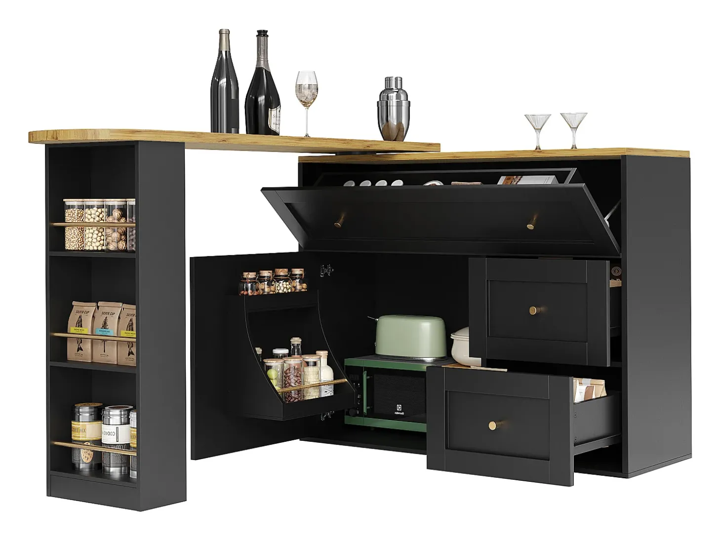 Móvel de bar giratório moderno 360° - 204×39×105 cm - 2 gavetas e 2 portas - com prateleiras laterais - mesa extensível - preto