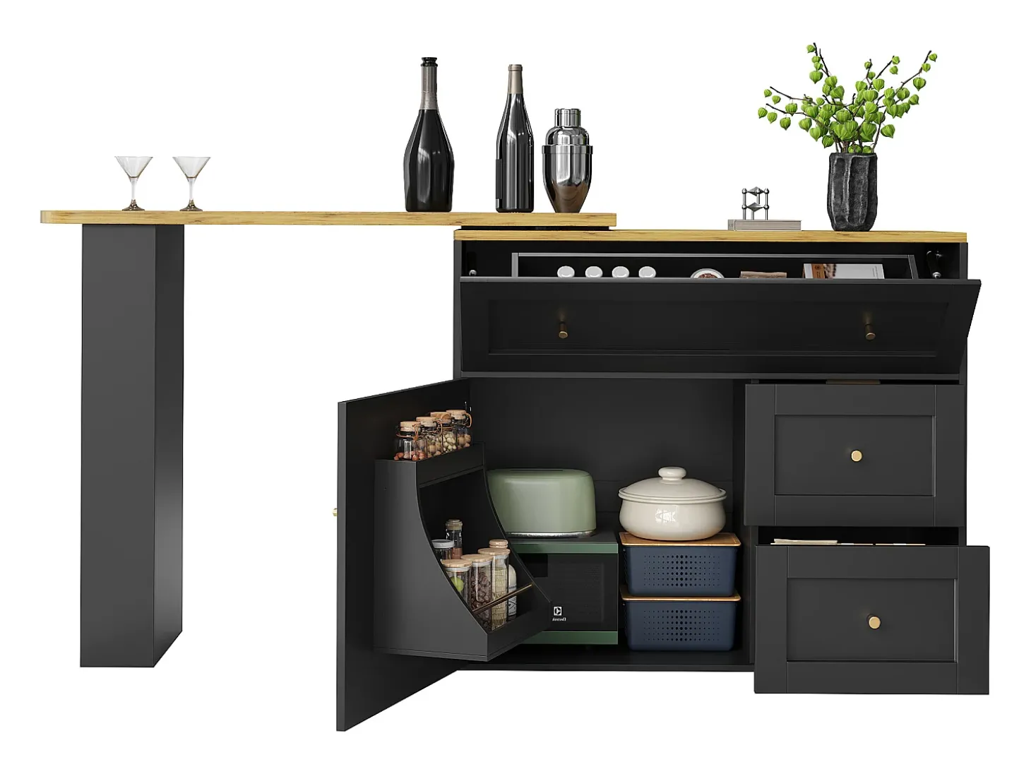 Móvel de bar giratório moderno 360° - 204×39×105 cm - 2 gavetas e 2 portas - com prateleiras laterais - mesa extensível - preto