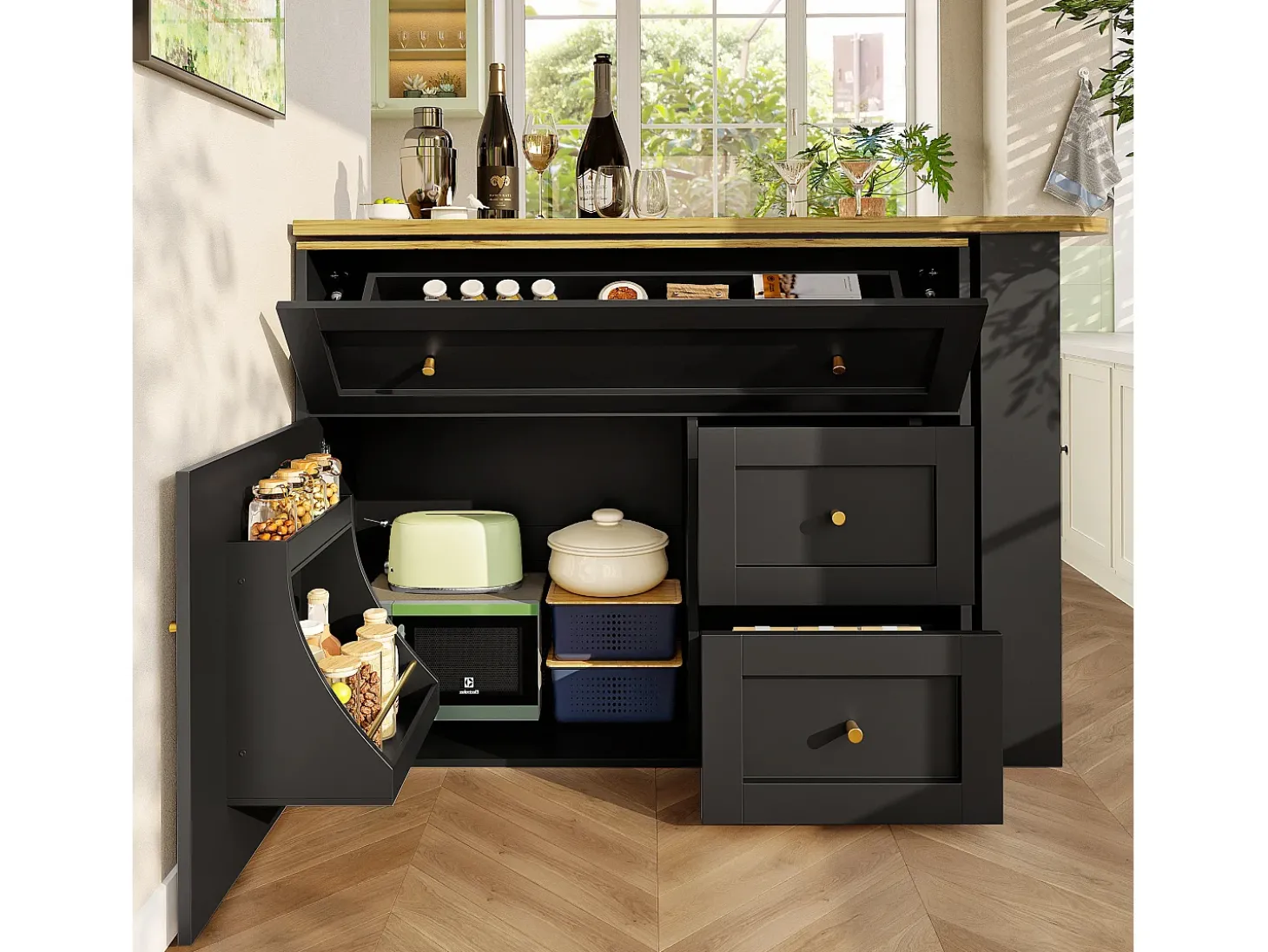 Móvel de bar giratório moderno 360° - 204×39×105 cm - 2 gavetas e 2 portas - com prateleiras laterais - mesa extensível - preto