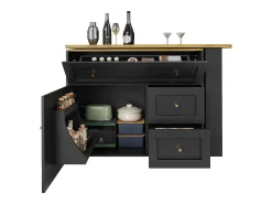 Móvel de bar giratório moderno 360° - 204×39×105 cm - 2 gavetas e 2 portas - com prateleiras laterais - mesa extensível - preto