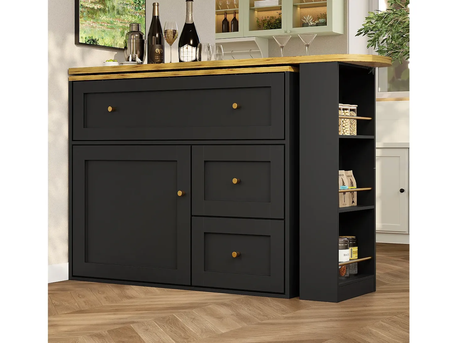 Móvel de bar giratório moderno 360° - 204×39×105 cm - 2 gavetas e 2 portas - com prateleiras laterais - mesa extensível - preto