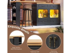 Móvel de bar moderno rotativo 360° - com LED - 203x39x93 cm - 4 gavetas e 2 portas - com prateleiras laterais - preto